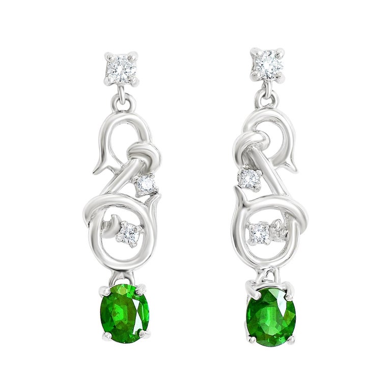 18 Karat Gold Natural Tsavorite Garnet Drop Earrings With 22 Points 18 Karat Gold Natural Tsavorite Garnet Drop Earrings With 22 Points Of Diamonds For