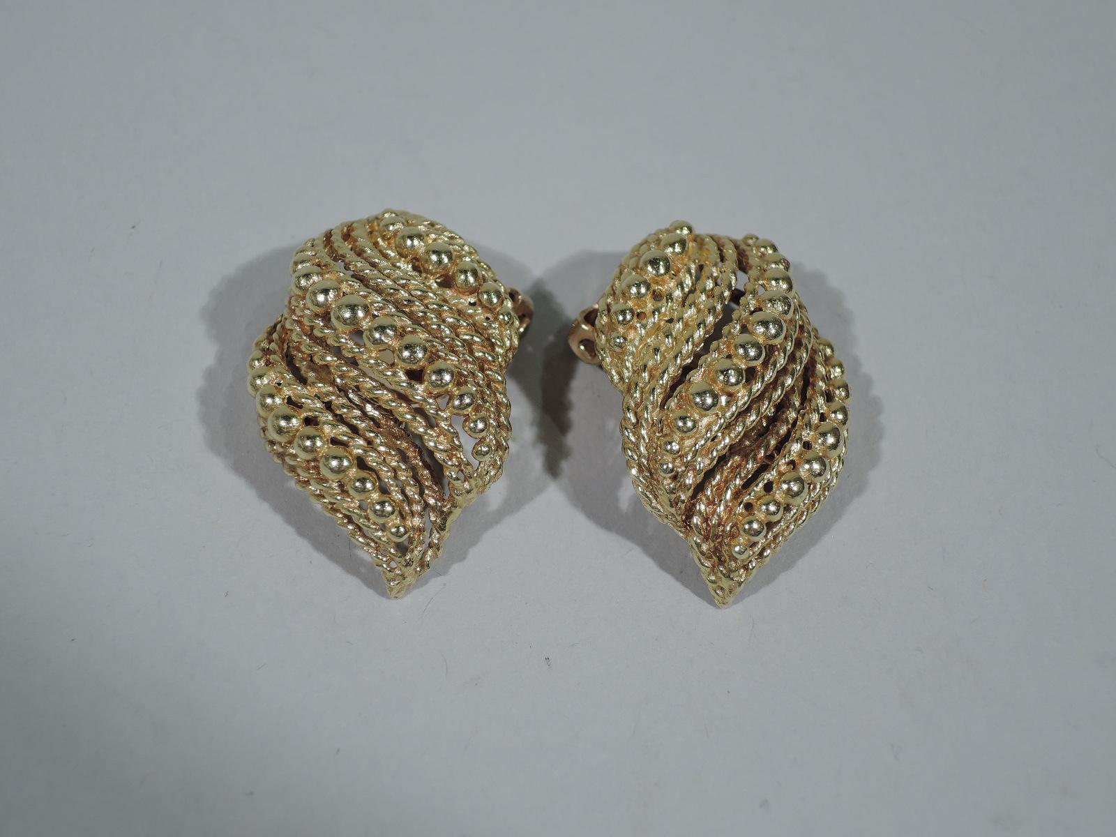 Pair of Modern 14k gold earrings. Each: Strands comprising rope and beads forming semi-abstract scrolled leaf. Snazzy Midcentury style. United States, ca 1960s. Marked. 
