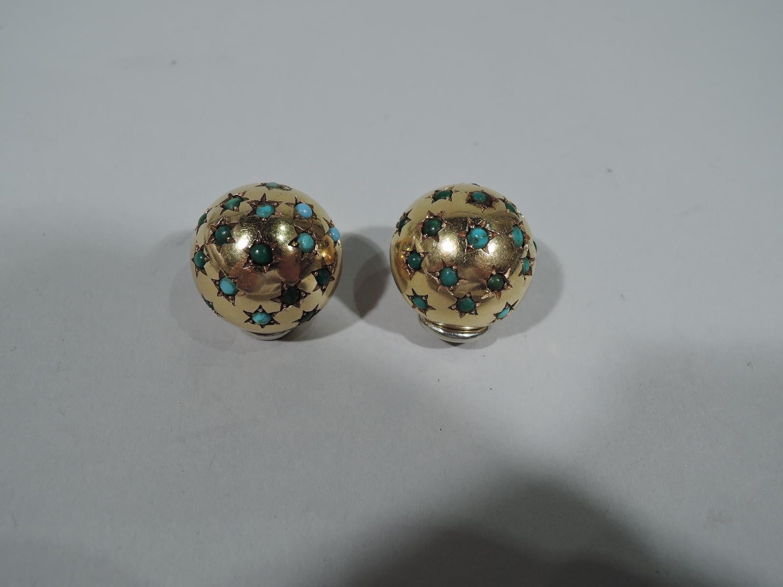 Pair of 18k gold and turquoise clip-on earrings. Each: Ball with incised stars inset with cabochon-cut turquoise beads. Smart and festive. United States, ca 1930. Stamped “750”. 