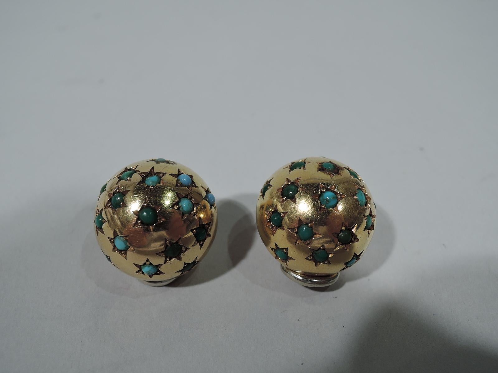 Art Deco Pair of American 18 Karat Gold and Turquoise Starburst Ball Clip-On Earrings
