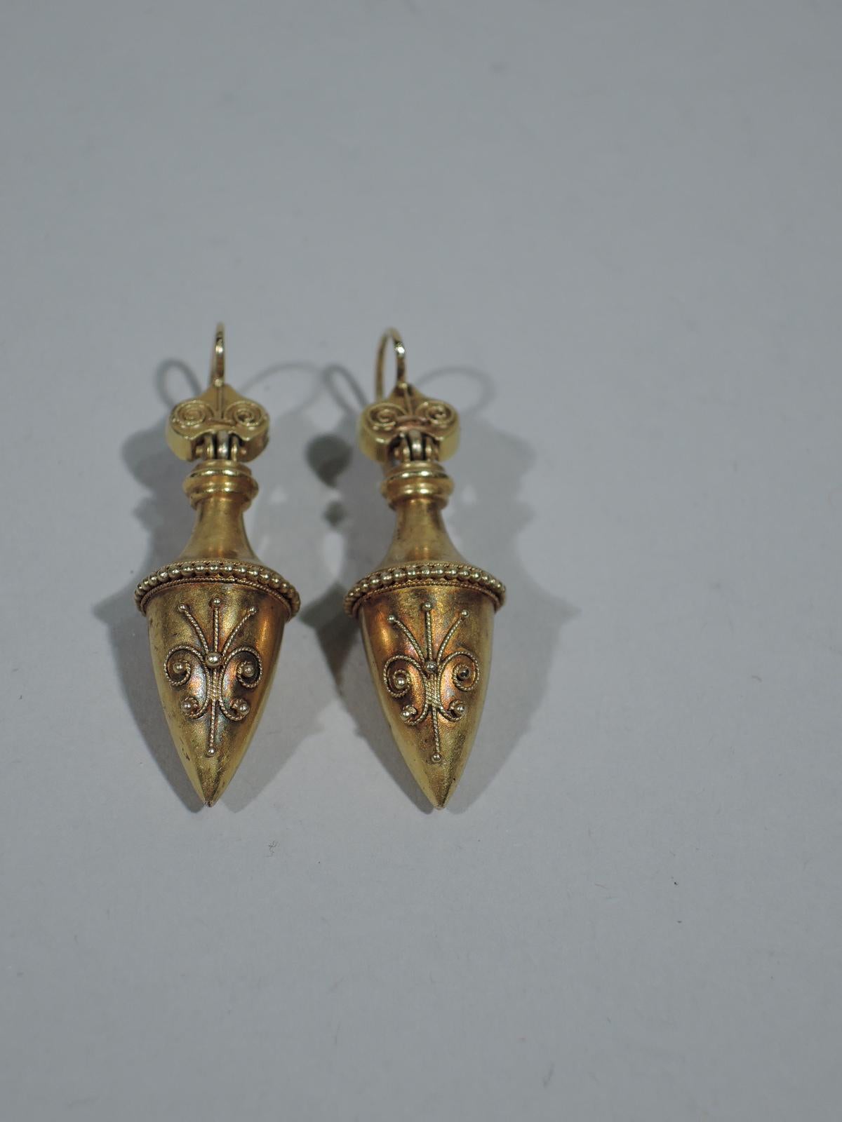 Pair of Antique English Etruscan Revival 15 Karat Gold Drop Urn Earrings In Good Condition In New York, NY