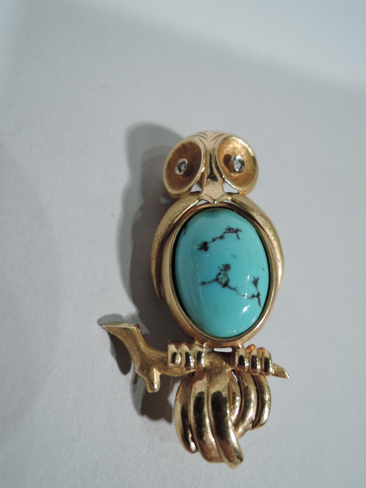 Delightful 18k gold figural pin. Stylized owl with ribbed crown, rose-diamond eyes set in concave disc sockets, sweet wing flaps, and branch-gripped talons. Breast inset with turquoise stone. A symbol of wisdom in the advanced taste. United states,