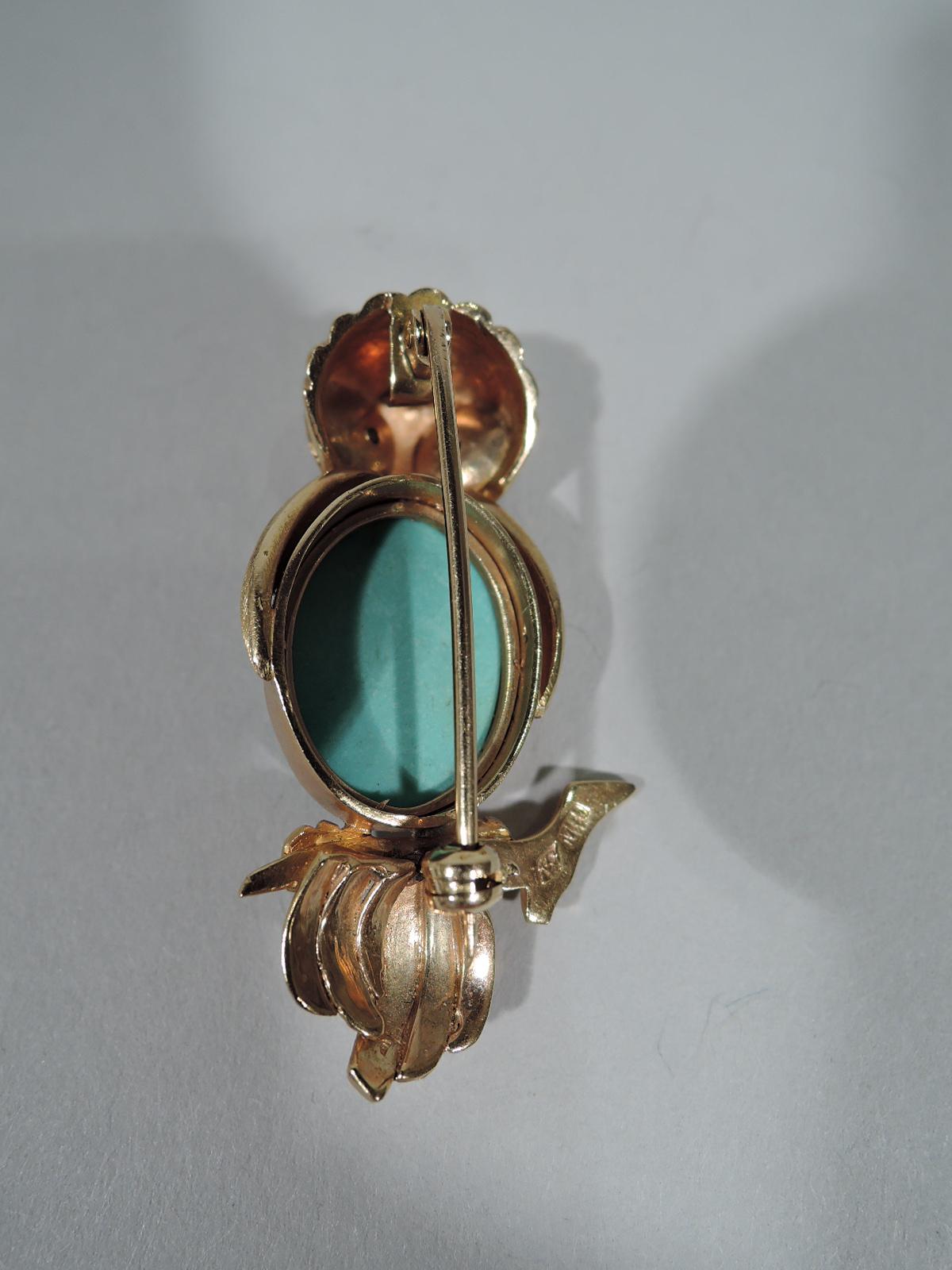 Art déco Ravissante épingle américaine en or 18 carats et turquoise représentant une sauge et un hibou serein en vente