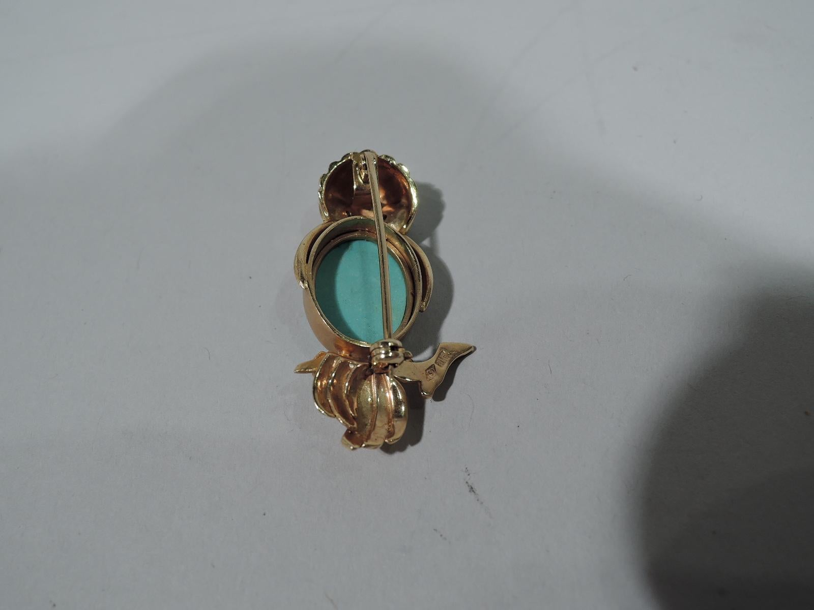 Art Deco Delightful American 18 Karat Gold and Turquoise Sage and Serene Owl Pin For Sale