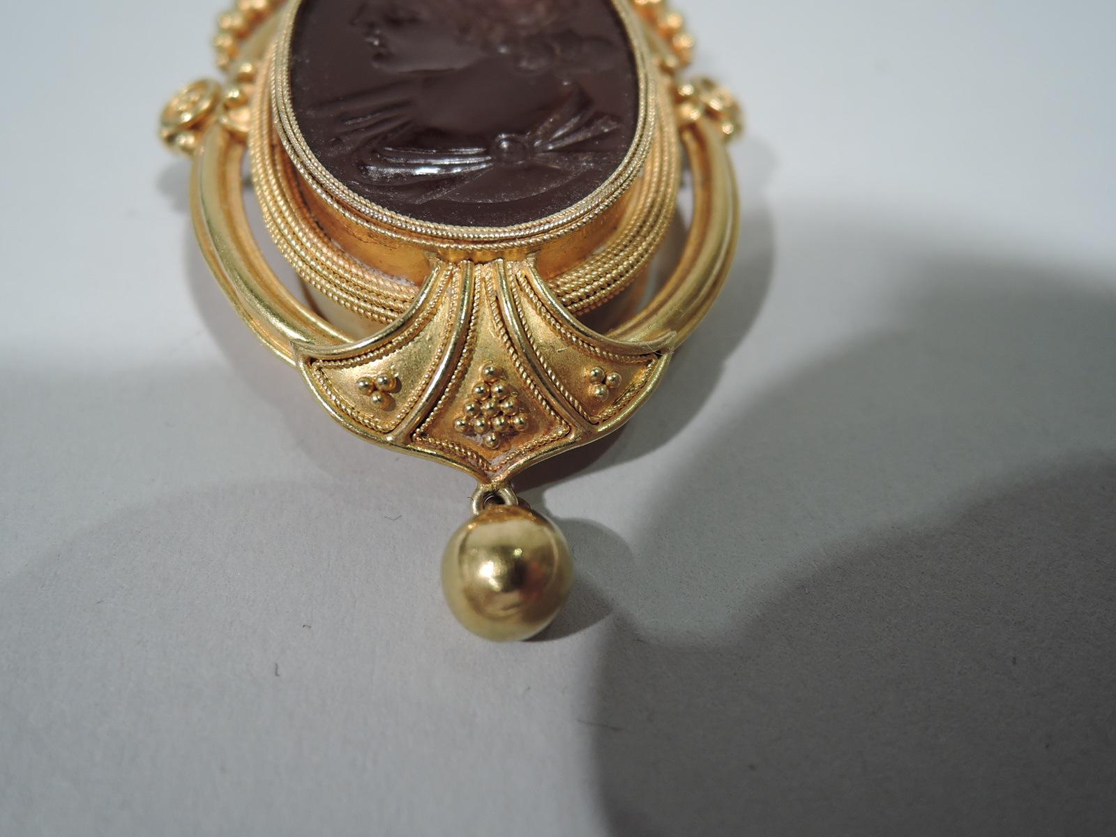 Women's Antique Etruscan Revival 18 Karat Gold Locket and Chain with Agate Cameo