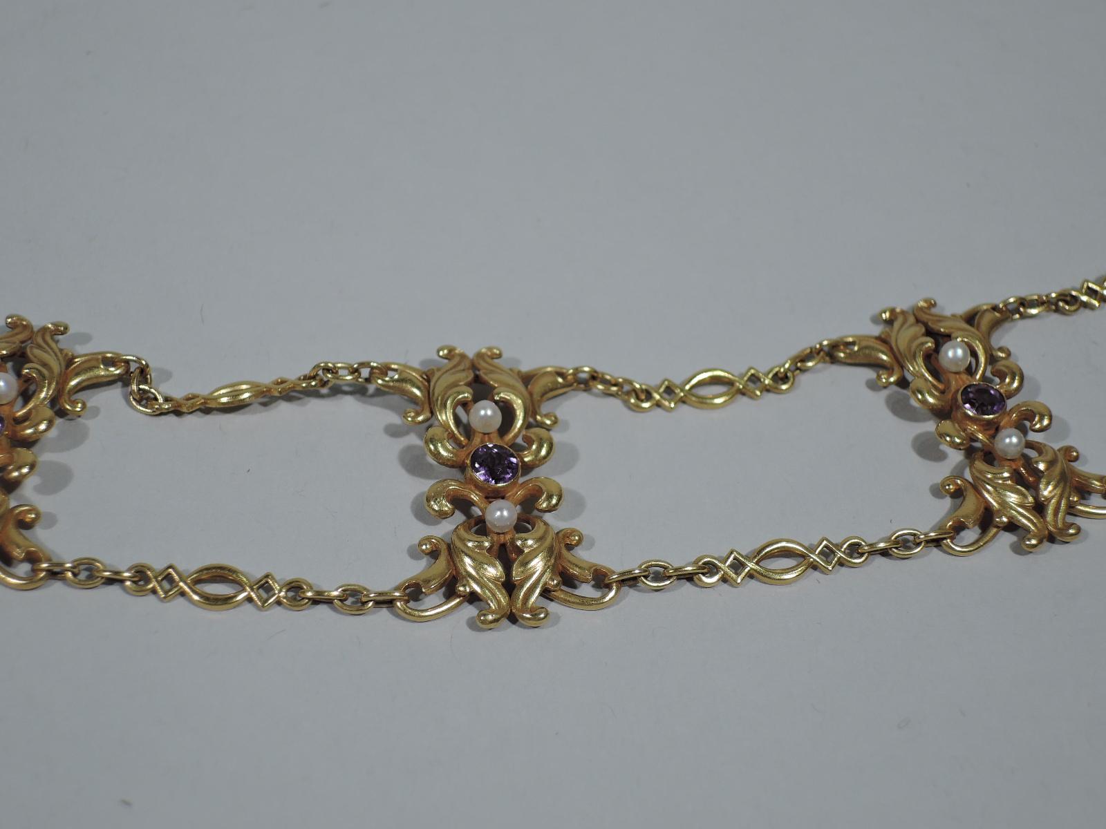 American Art Nouveau 14 Karat Gold Choker with Amethysts and Pearls In Excellent Condition In New York, NY