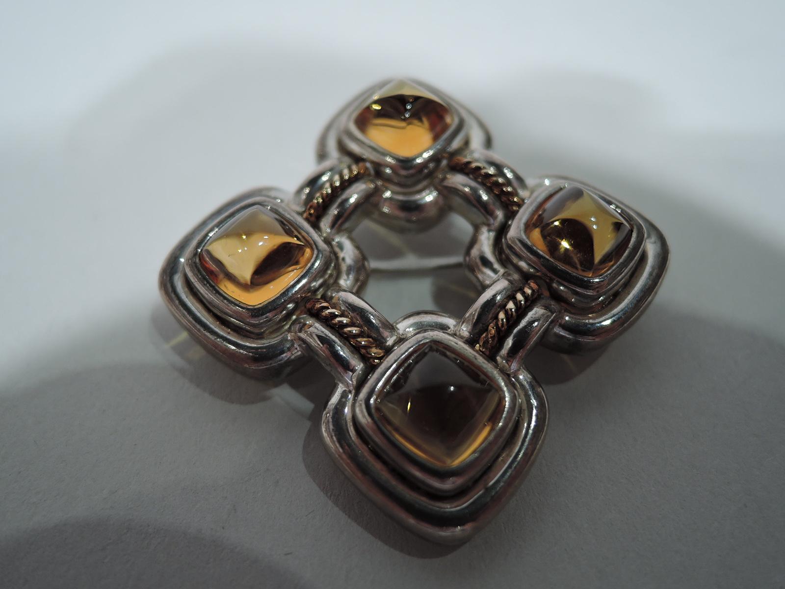 Contemporary sterling silver and 14k gold brooch with citrines. Four cabochon-cut citrines in joined squarish mounts with applied gold braid. United States, ca 1980s. Signed 