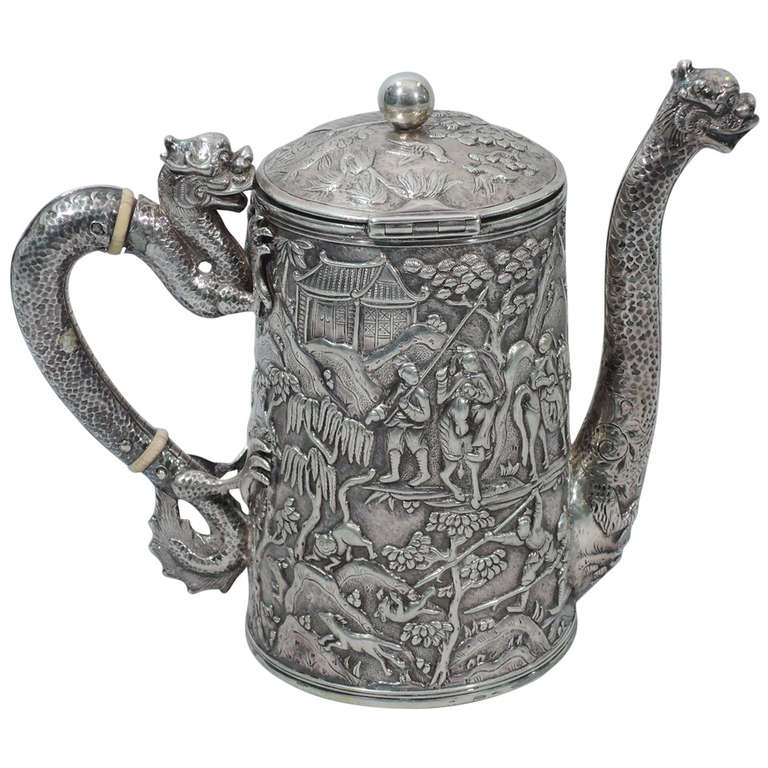 Dramatic Dragon Teapot by Khecheong - Chinese Export Silver - C 1850