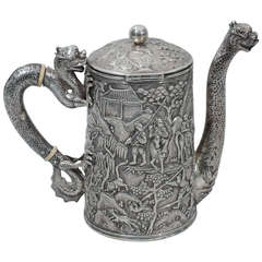 Antique Dramatic Dragon Teapot by Khecheong - Chinese Export Silver - C 1850