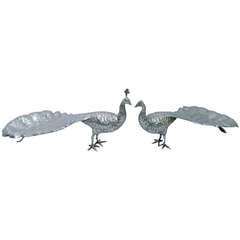 Antique Peacocks - Pair of Beautiful Birds - German Silver - C 1900