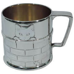 Antique Tiffany Mug - Cats Peeping over Brick Wall - American Sterling Silver - C 1907