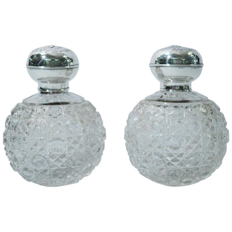 Pair of Edwardian English Sterling Silver & Cut Glass Perfume Bottles