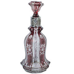 Bohemian Glass Decanter with Ruby Flashing and Silver Mounts C 1900