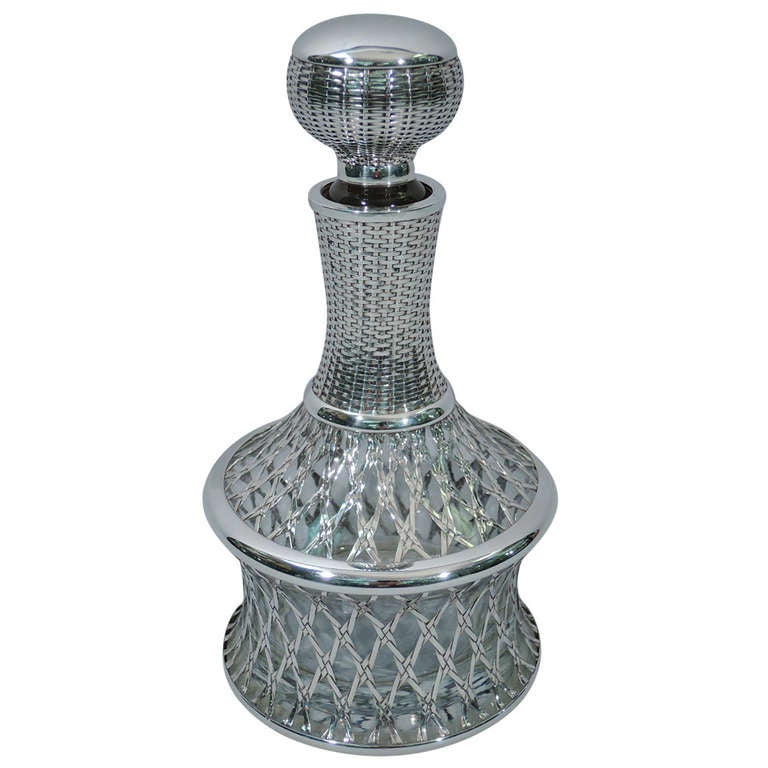 Japanese Glass Decanter with Silver Overlay in Basket Motif