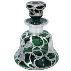 Antique Daisy Perfume Bottle - Emerald Green Glass & Silver Overlay - C 1890