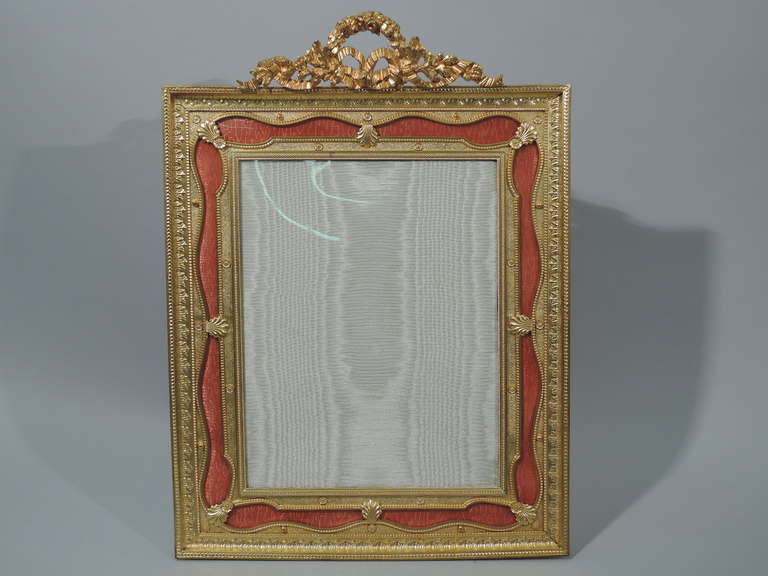 Rococo Very Large French Dore Bronze Frame with Pink Enamel Ribbon 