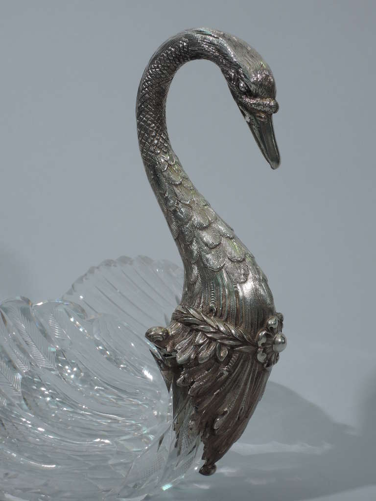 Victorian Swan Centerpiece - Big Bird Bowl -  German Silver & Cut Glass - C 1900