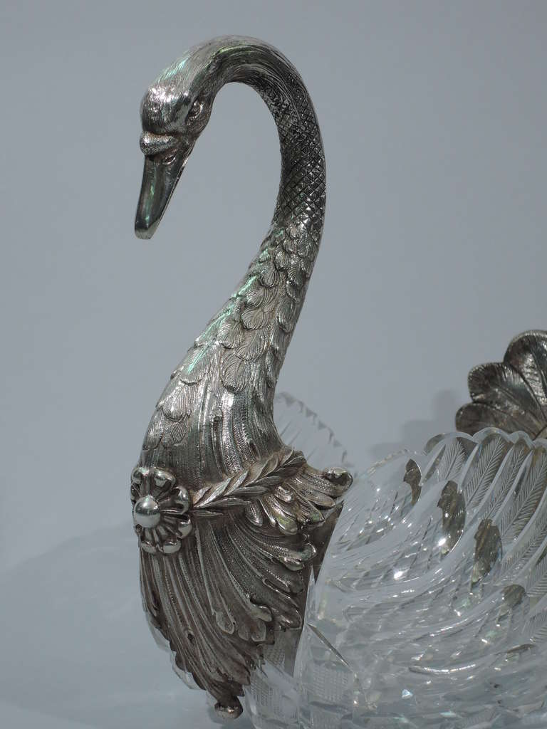 Swan Centerpiece - Big Bird Bowl -  German Silver & Cut Glass - C 1900 In Excellent Condition In New York, NY