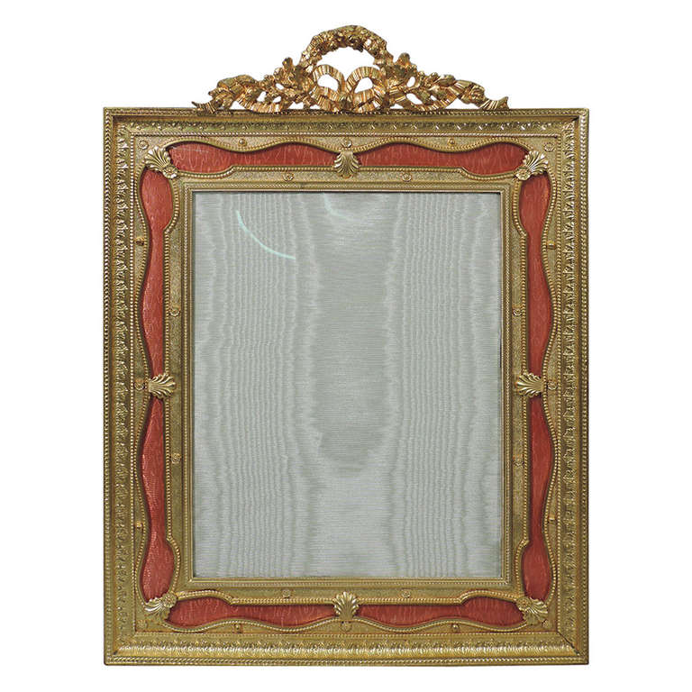 Very Large French Dore Bronze Frame with Pink Enamel Ribbon 