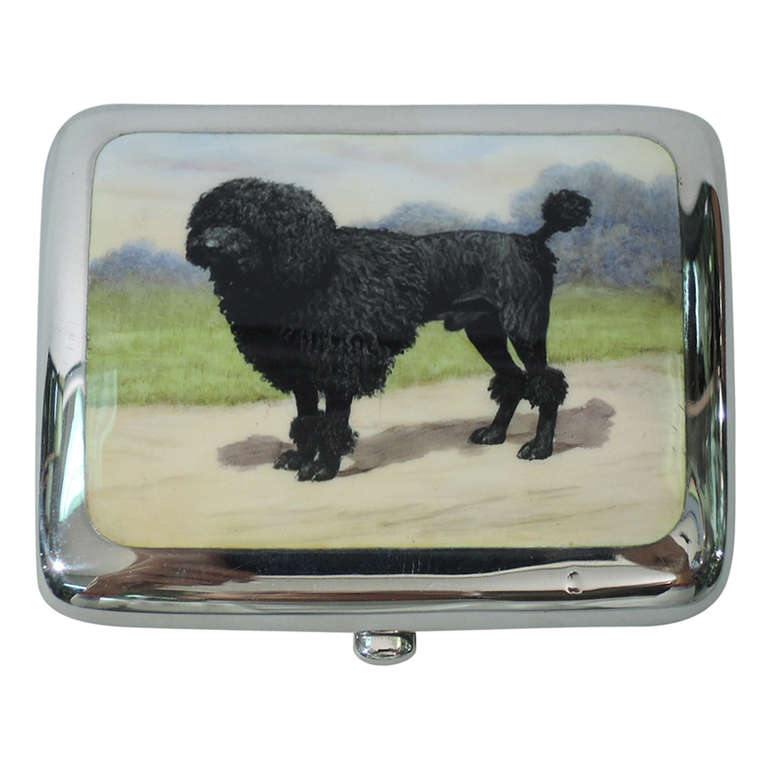 Cigarette Case with Black Poodle - English Sterling Silver & Enamel - 1924