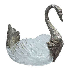 Swan Centerpiece - Big Bird Bowl -  German Silver & Cut Glass - C 1900