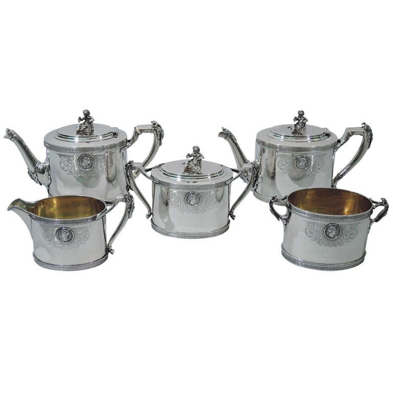 Gorham Medallion Tea Set - Historic Pattern - American Coin Silver - C 1865