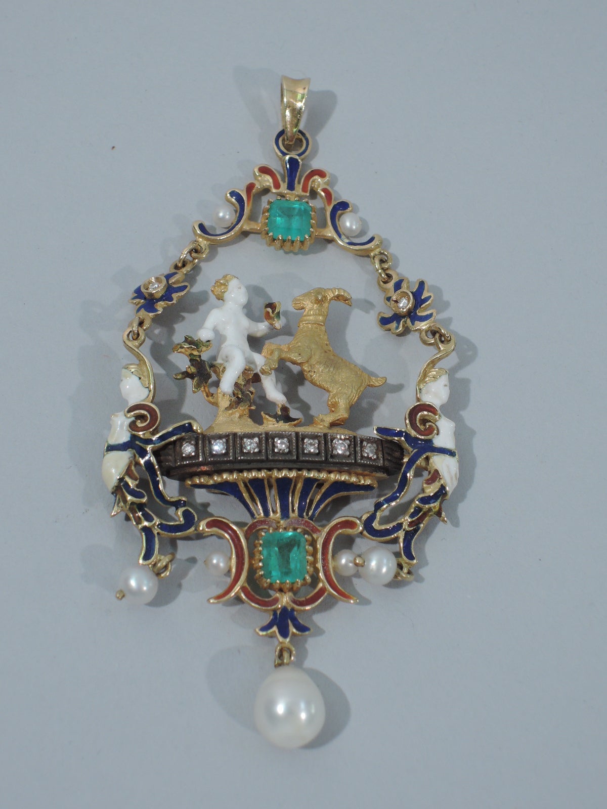 Renaissance Revival Gold and Enamel Pendant with Pearls and Emeralds In Excellent Condition In New York, NY
