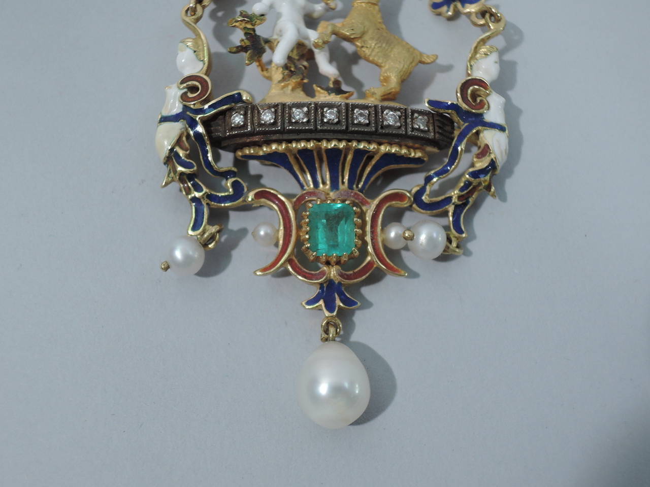 Renaissance Revival Gold and Enamel Pendant with Pearls and Emeralds 1