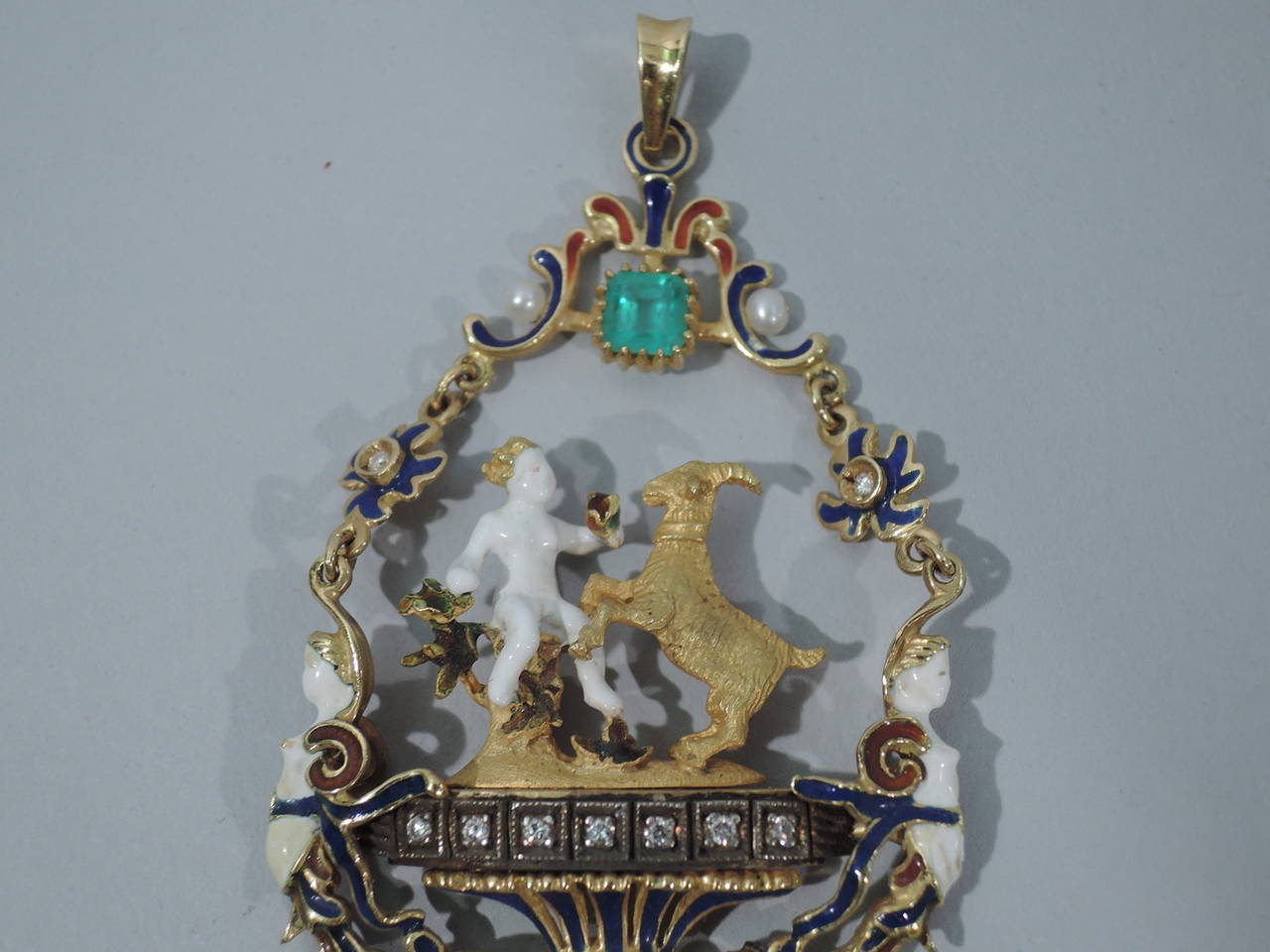 Women's Renaissance Revival Gold and Enamel Pendant with Pearls and Emeralds
