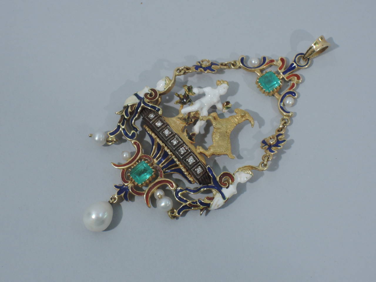 Renaissance Revival Gold and Enamel Pendant with Pearls and Emeralds 2
