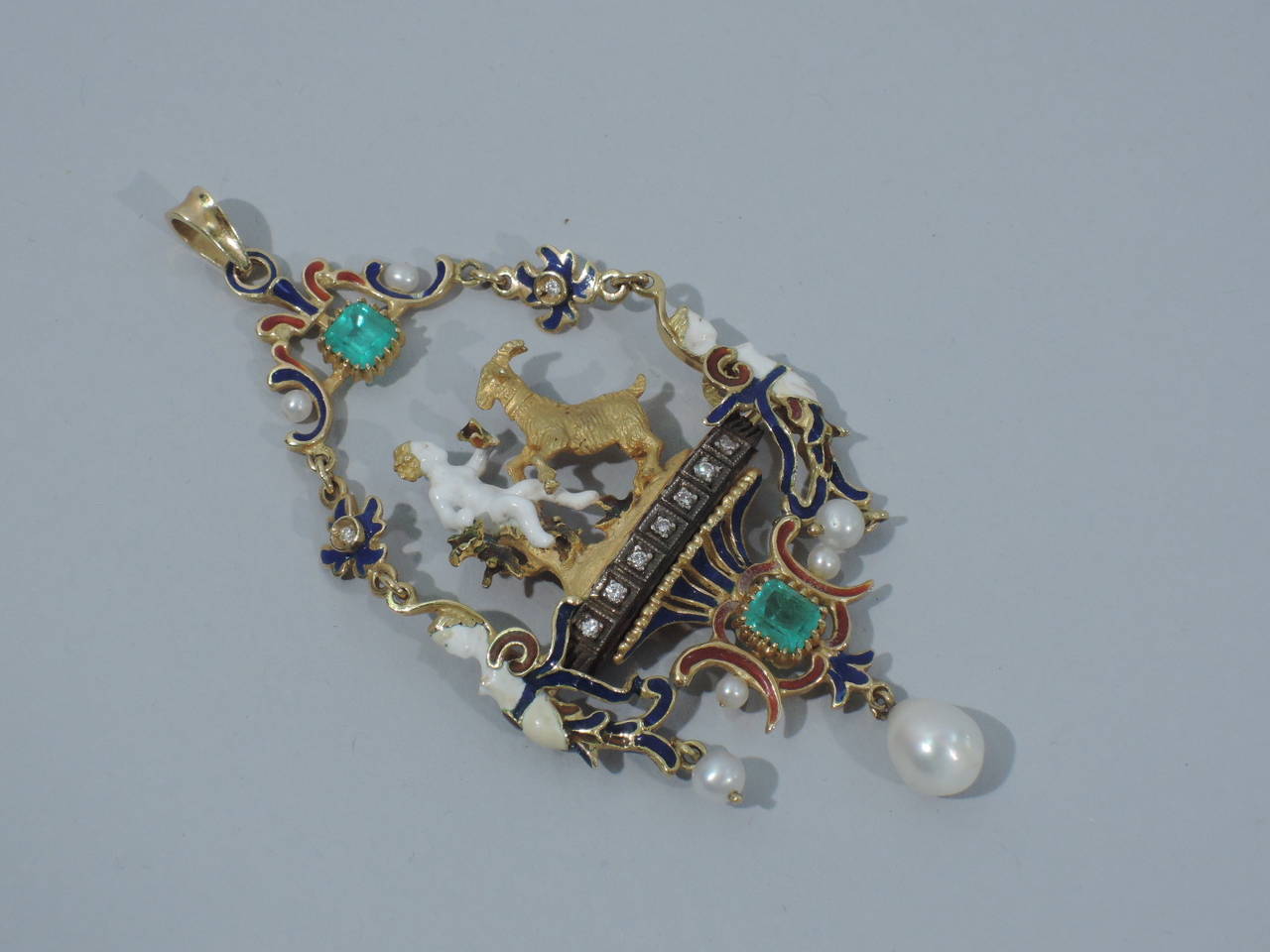 Renaissance Revival Gold and Enamel Pendant with Pearls and Emeralds 3