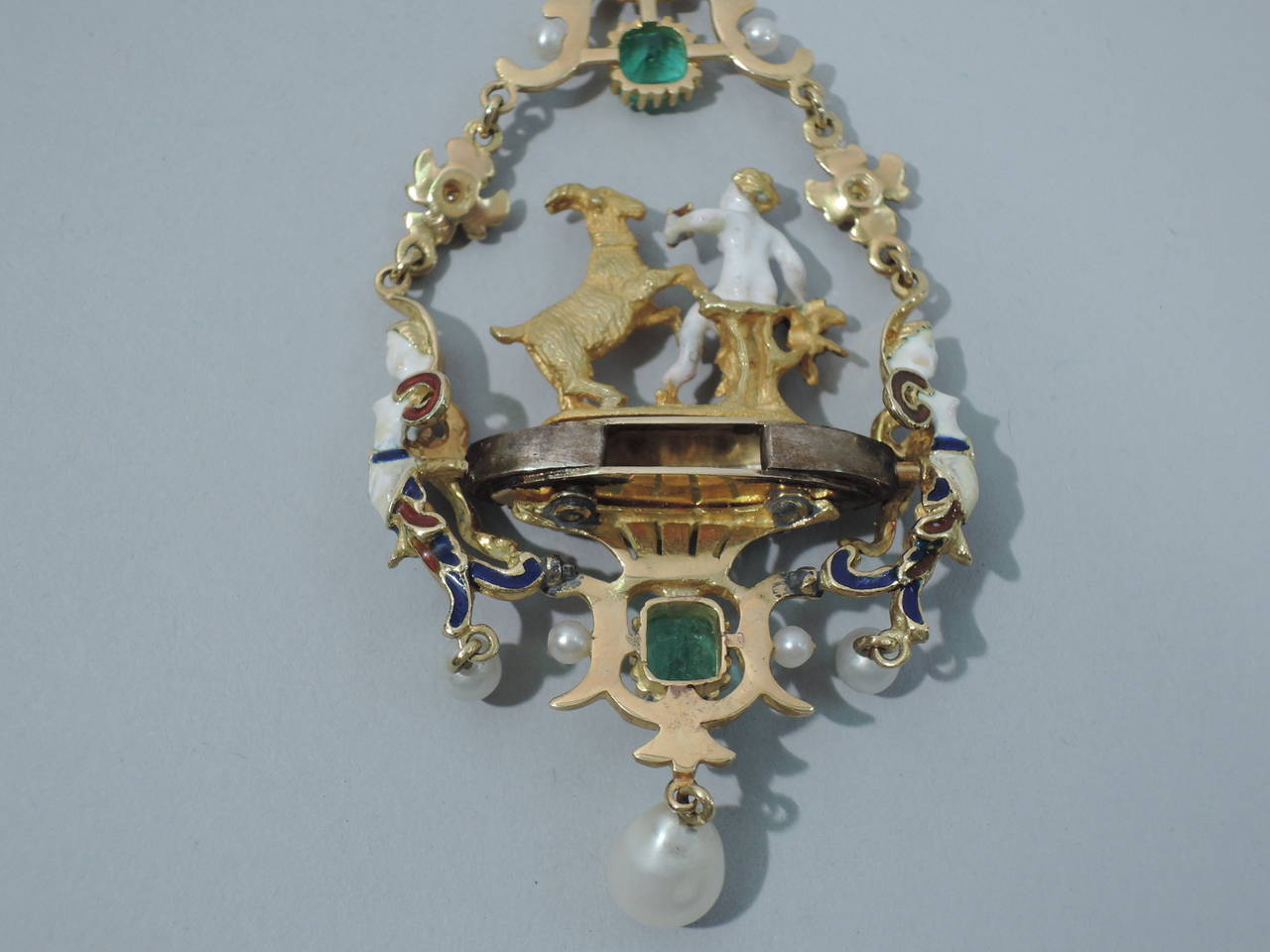 Renaissance Revival Gold and Enamel Pendant with Pearls and Emeralds 4