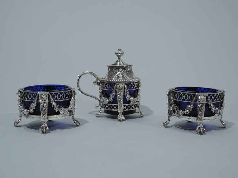 Neoclassical Condiment Set - Dutch Silver - Mustard Pot and Open Salts