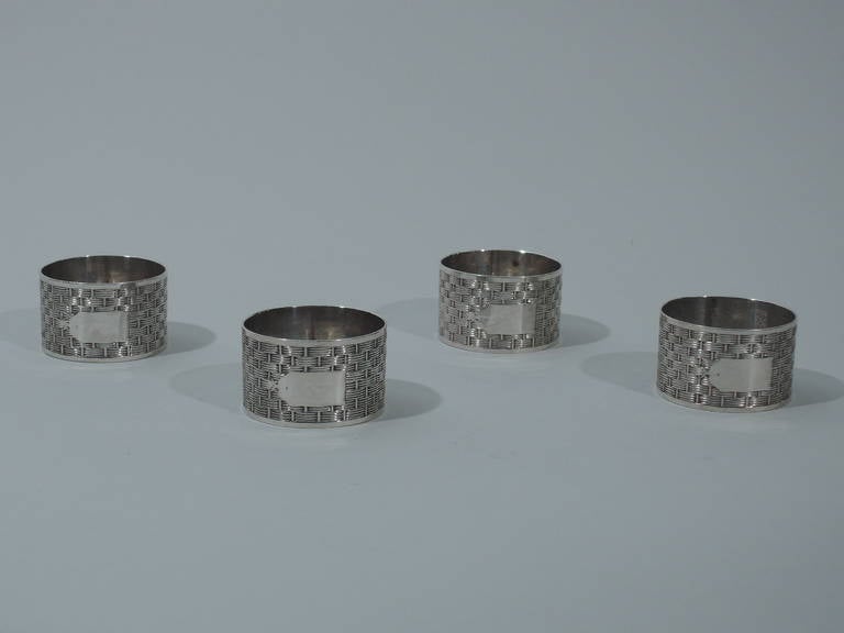 Edwardian Napkin Rings - Basket Weave - English Sterling Silver - 1906 In Excellent Condition In New York, NY