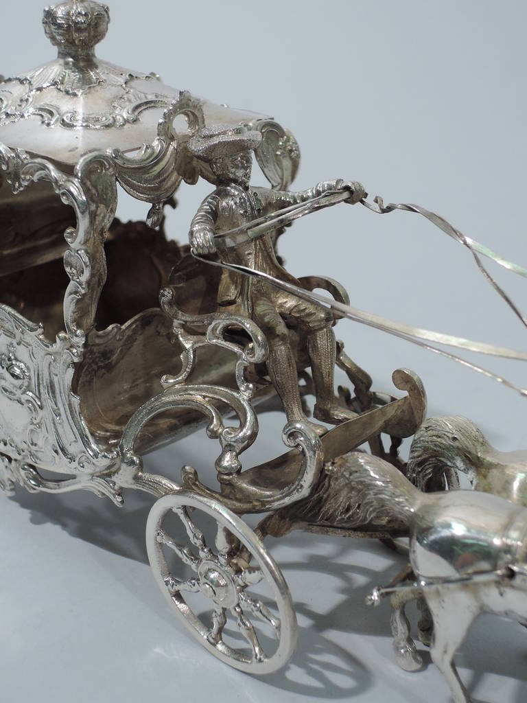 Rococo Carriage - German Silver - Coach & Four with Rotating Wheels In Excellent Condition In New York, NY