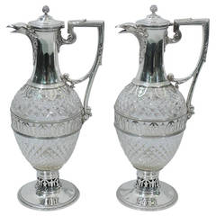 Elegant Pair of French Belle Epoque Silver and Cut Glass Decanters