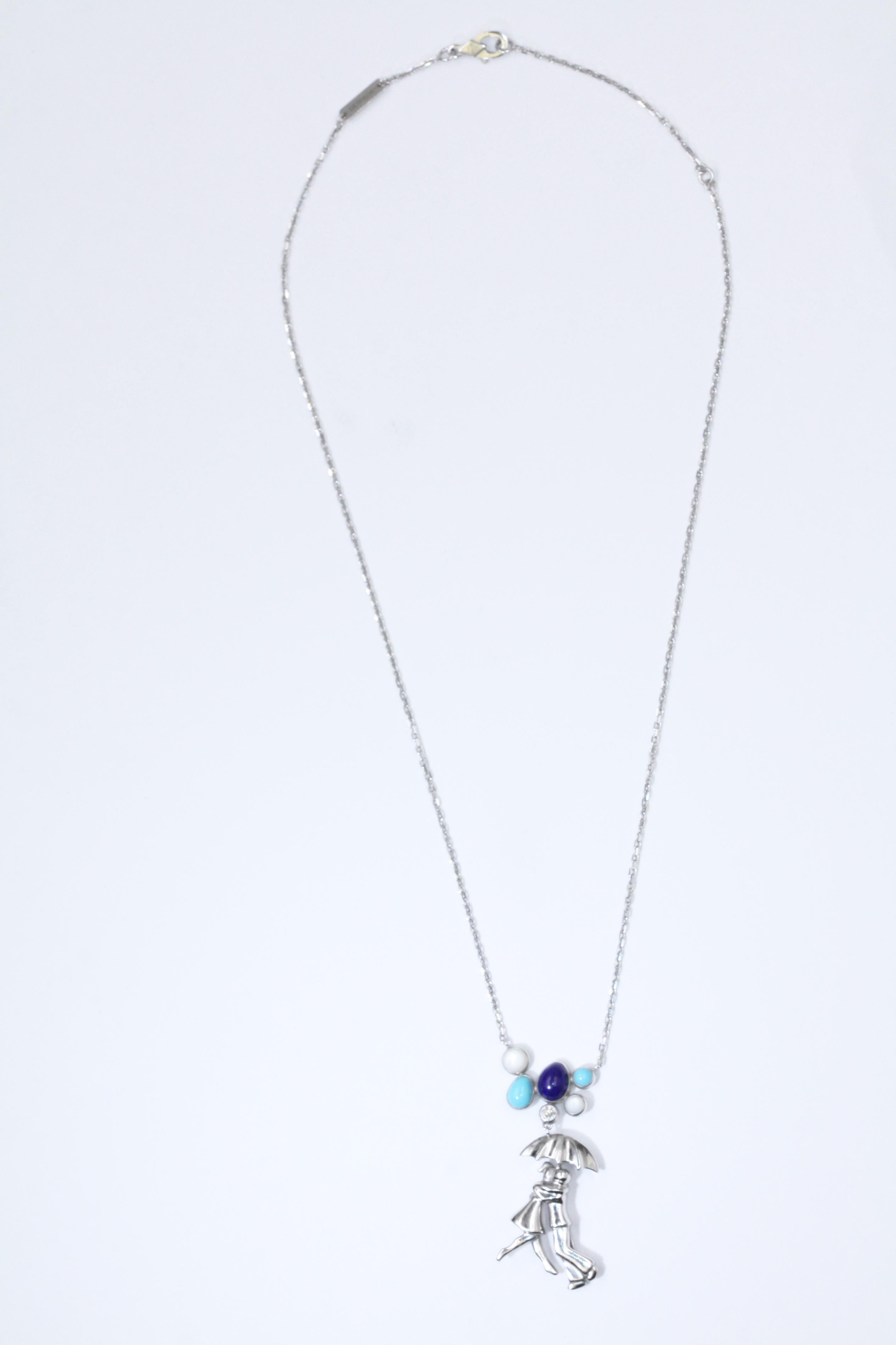A beautiful necklace from Van Cleef & Arpels Romance a Paris Collection, named A DAY IN PARIS Necklace.
The necklace is made in 18k white gold, set with a round diamond
precious stone:Lapis Lazuli, Turquoise, diamond
pendent size:4cm (2.8cm white