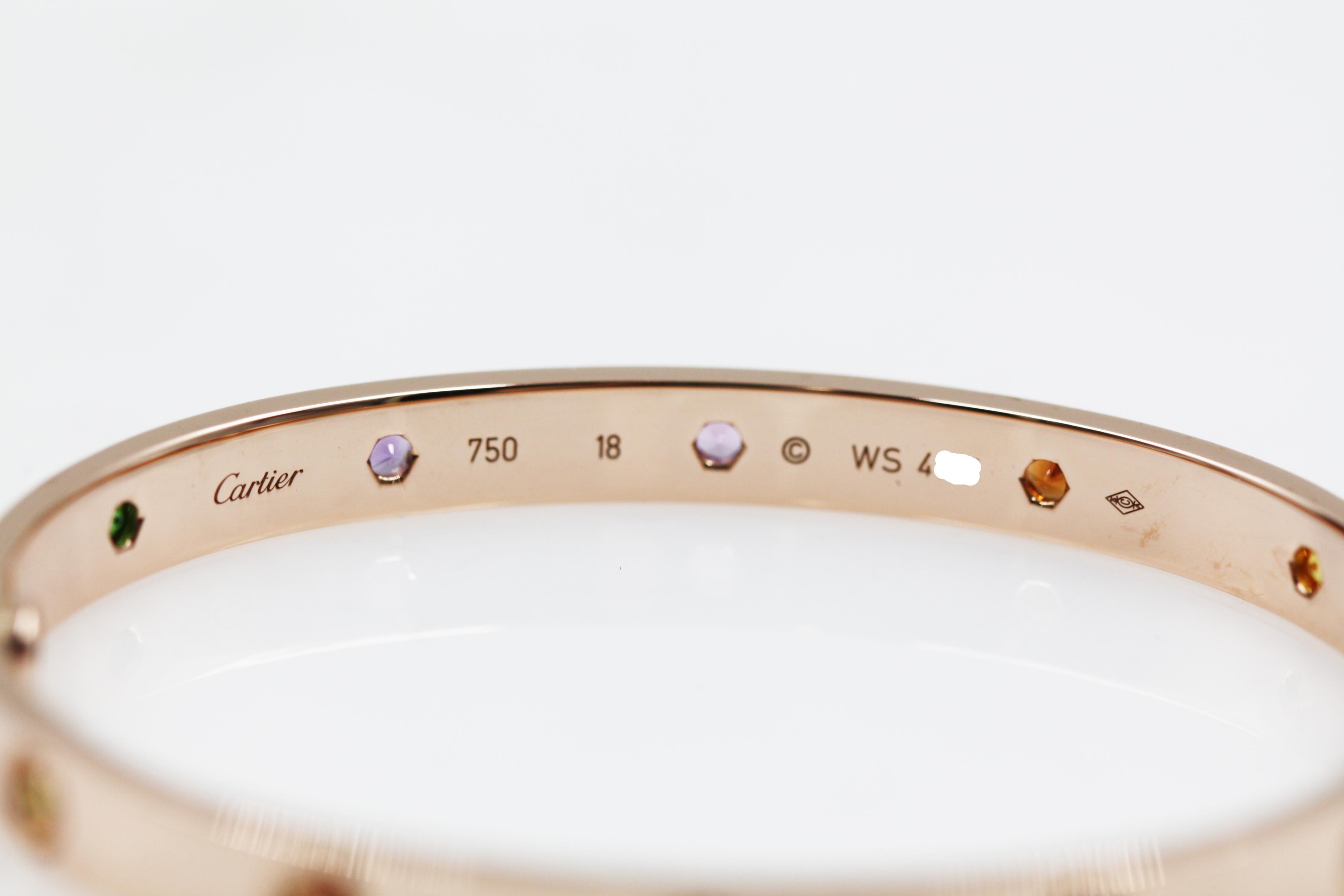 Cartier 18 Karat Rose Gold Love Bracelet, Sapphires, Garnets, Amethysts In Excellent Condition For Sale In New York, NY