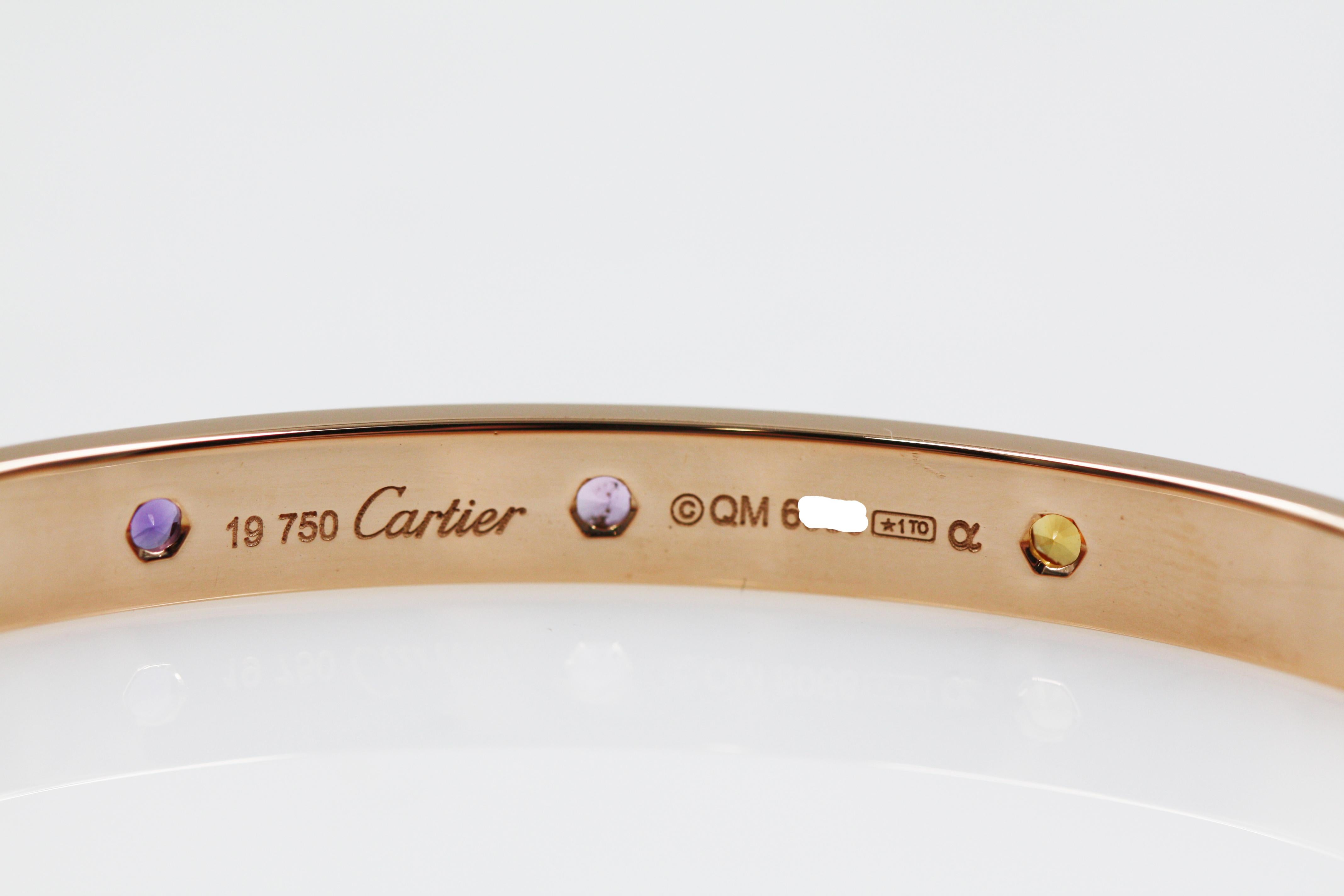 Cartier 18 Karat Rose Gold Love Bracelet, Sapphires, Garnets, Amethysts In Excellent Condition For Sale In New York, NY