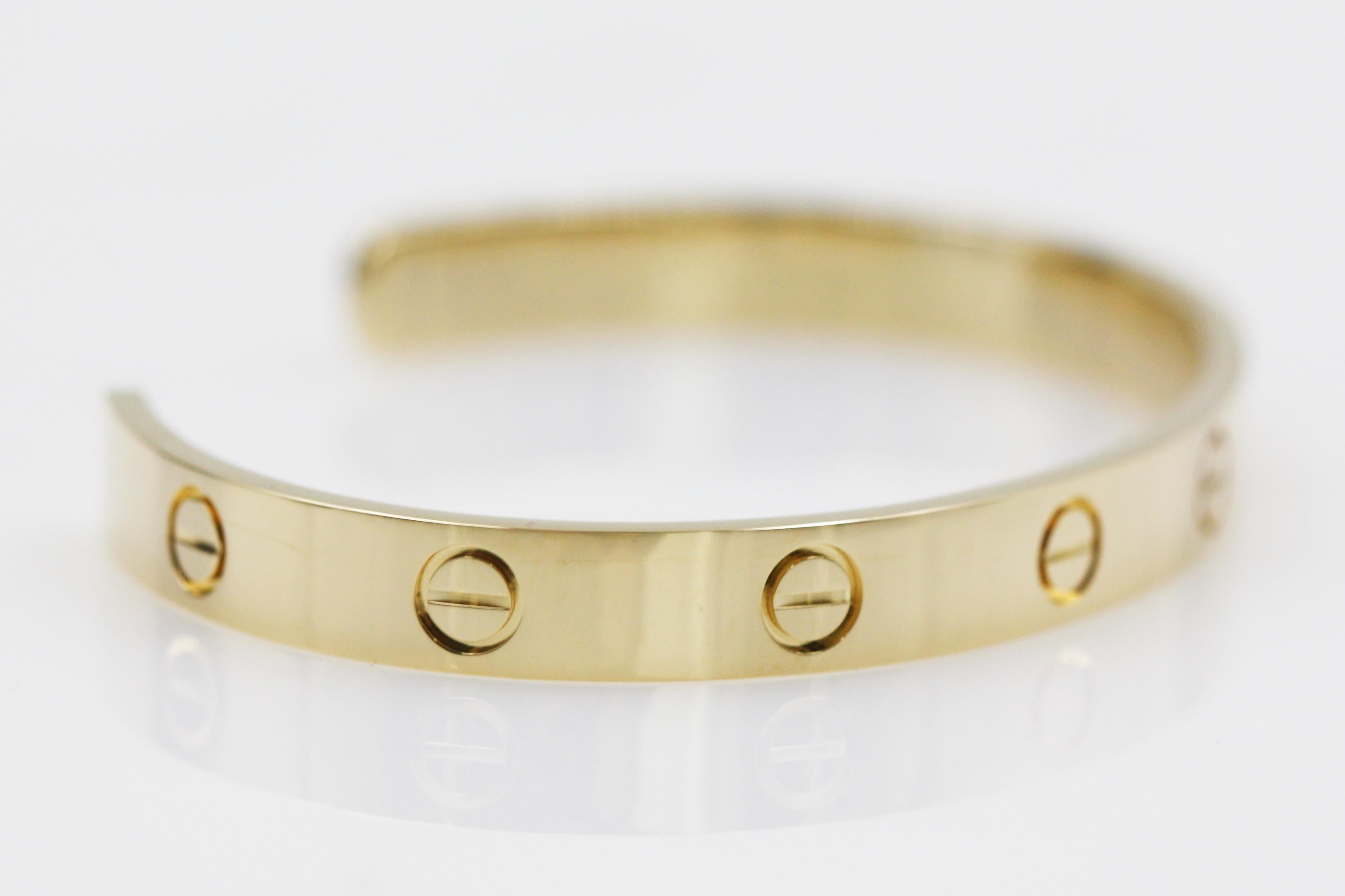 Cartier 18 Karat Yellow Gold Love Cuff Bracelet In Excellent Condition In New York, NY