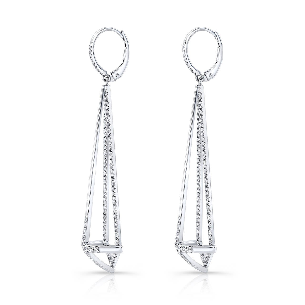 18k white gold Dagger earrings with open frame work set with white diamond micro pave.