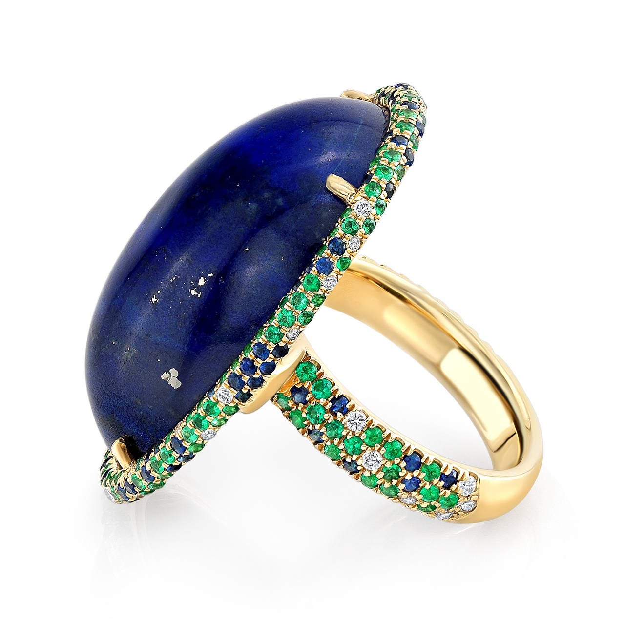 Lapis Emerald Sapphire Diamond Gold Dome Cocktail Ring For Sale at 1stDibs