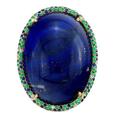 Lapis Emerald Sapphire Diamond Gold Dome Cocktail Ring