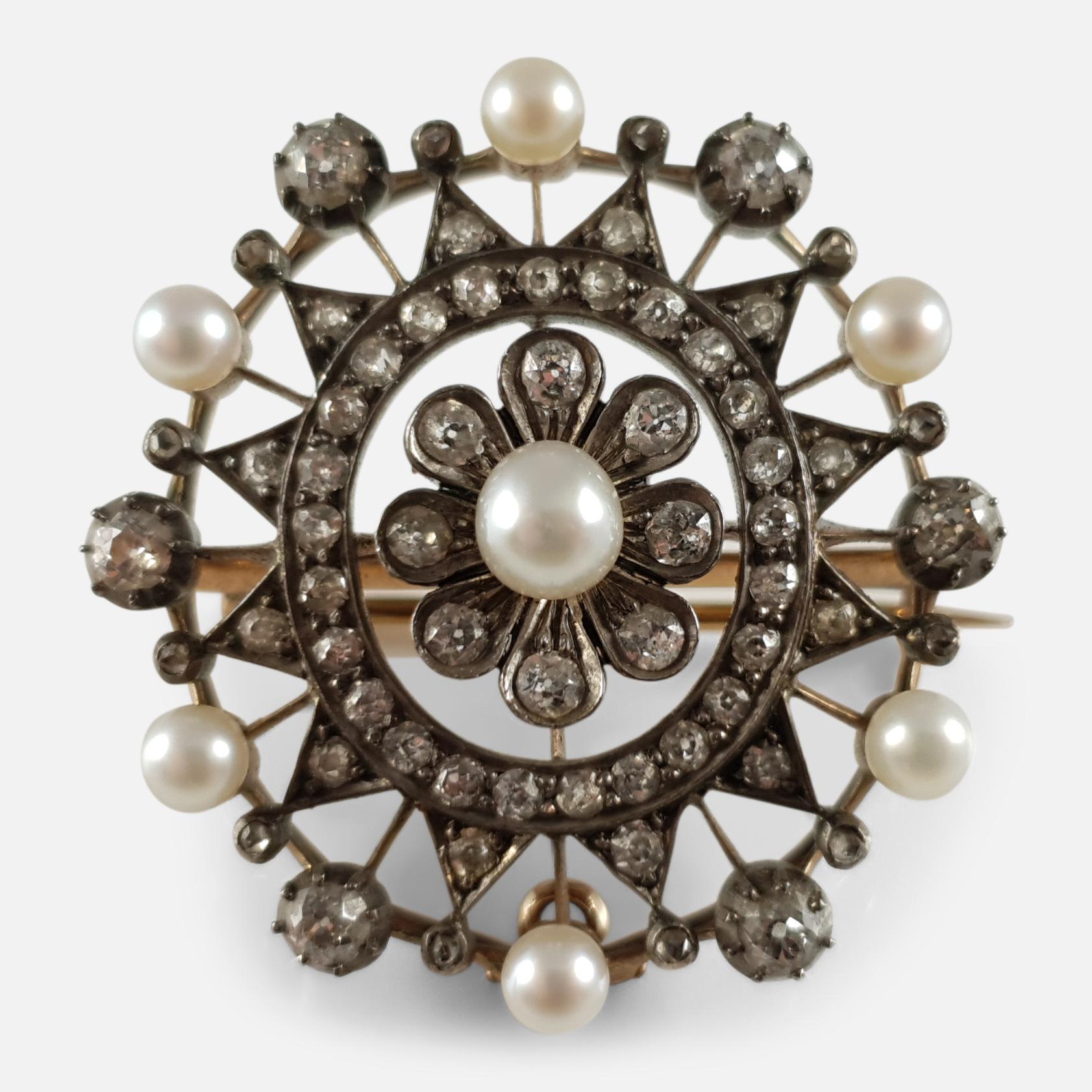 Victorian 15 Karat Gold, Silver, Diamond, and Pearl Pendant Brooch, circa 1880 1