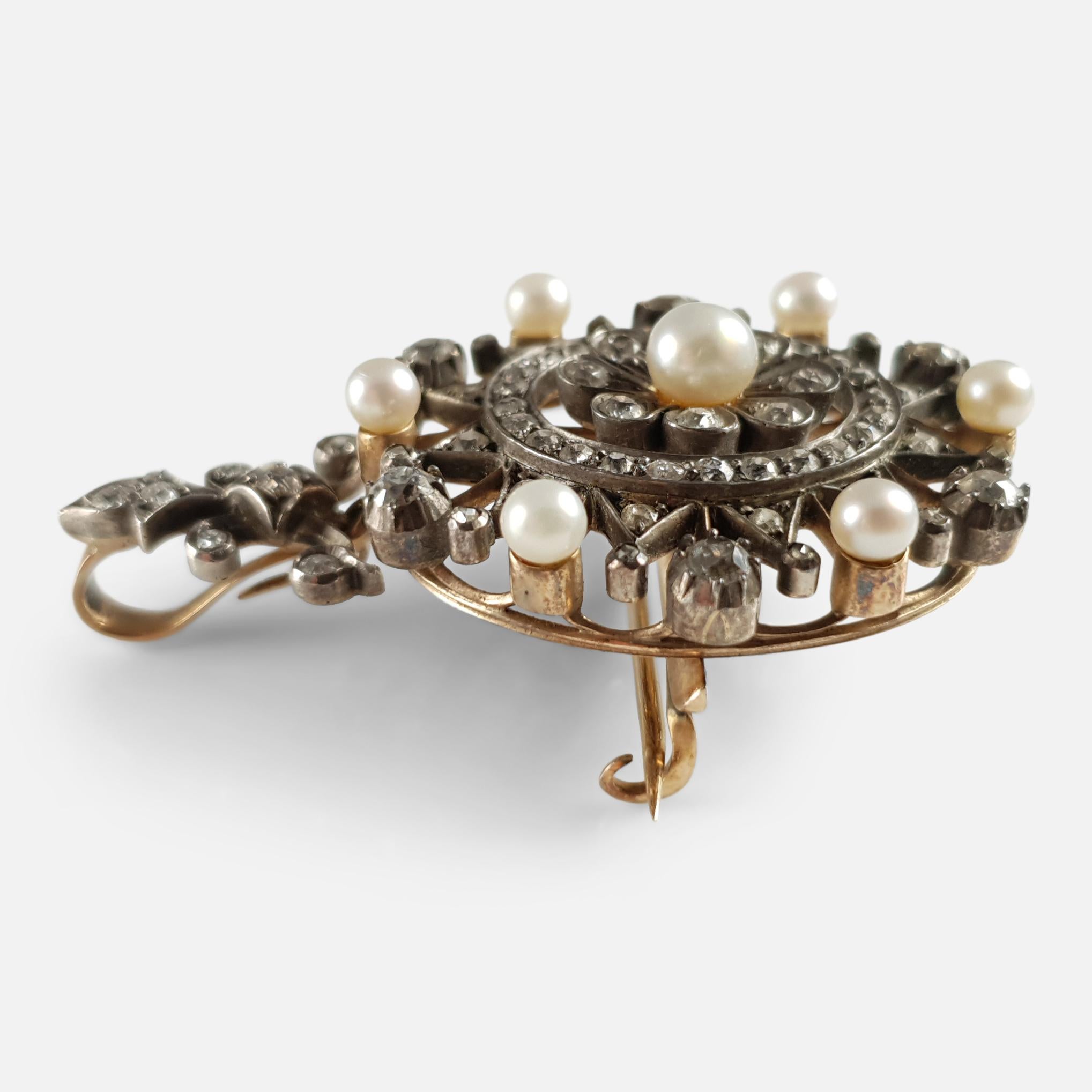 Women's Victorian 15 Karat Gold, Silver, Diamond, and Pearl Pendant Brooch, circa 1880