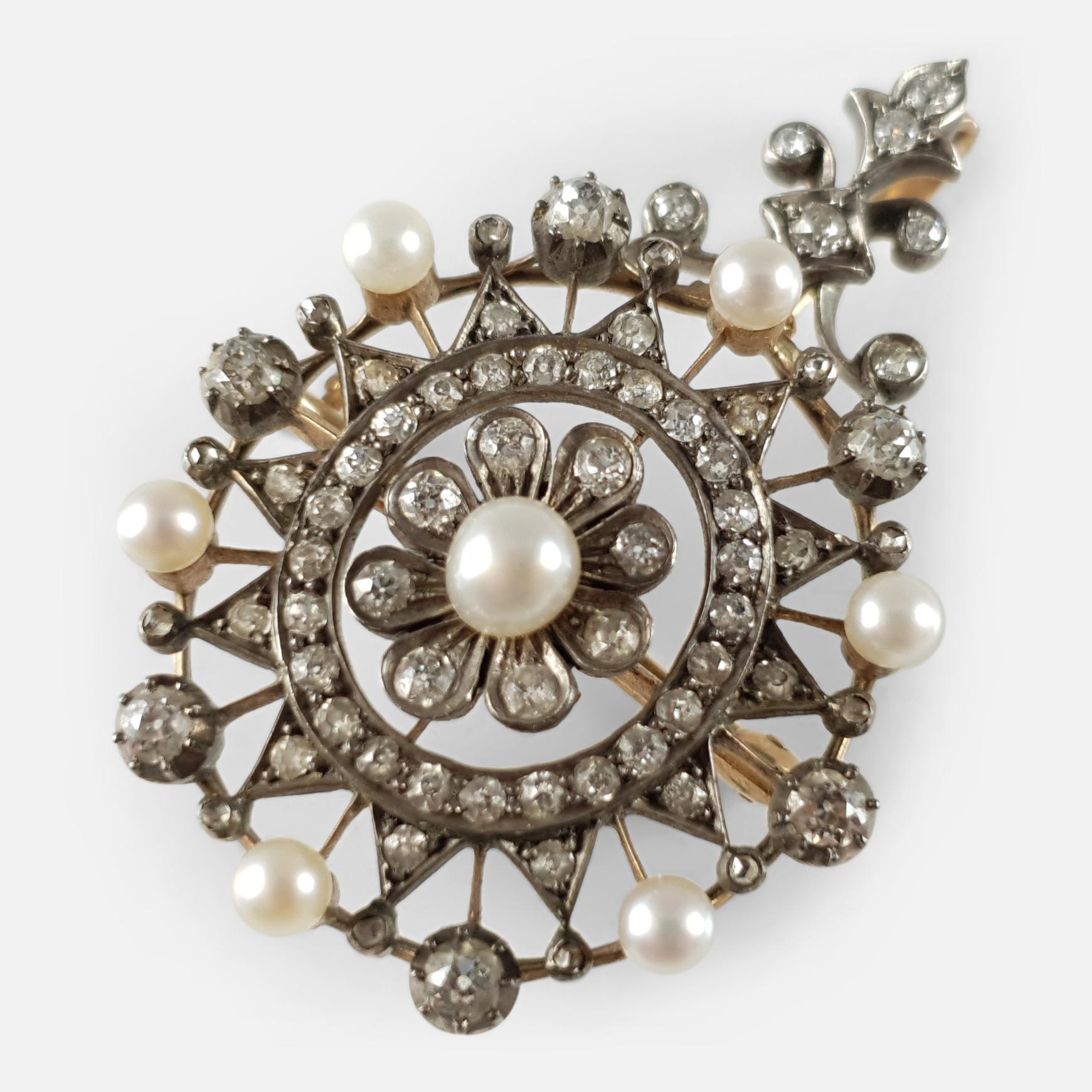 Victorian 15 Karat Gold, Silver, Diamond, and Pearl Pendant Brooch, circa 1880 3