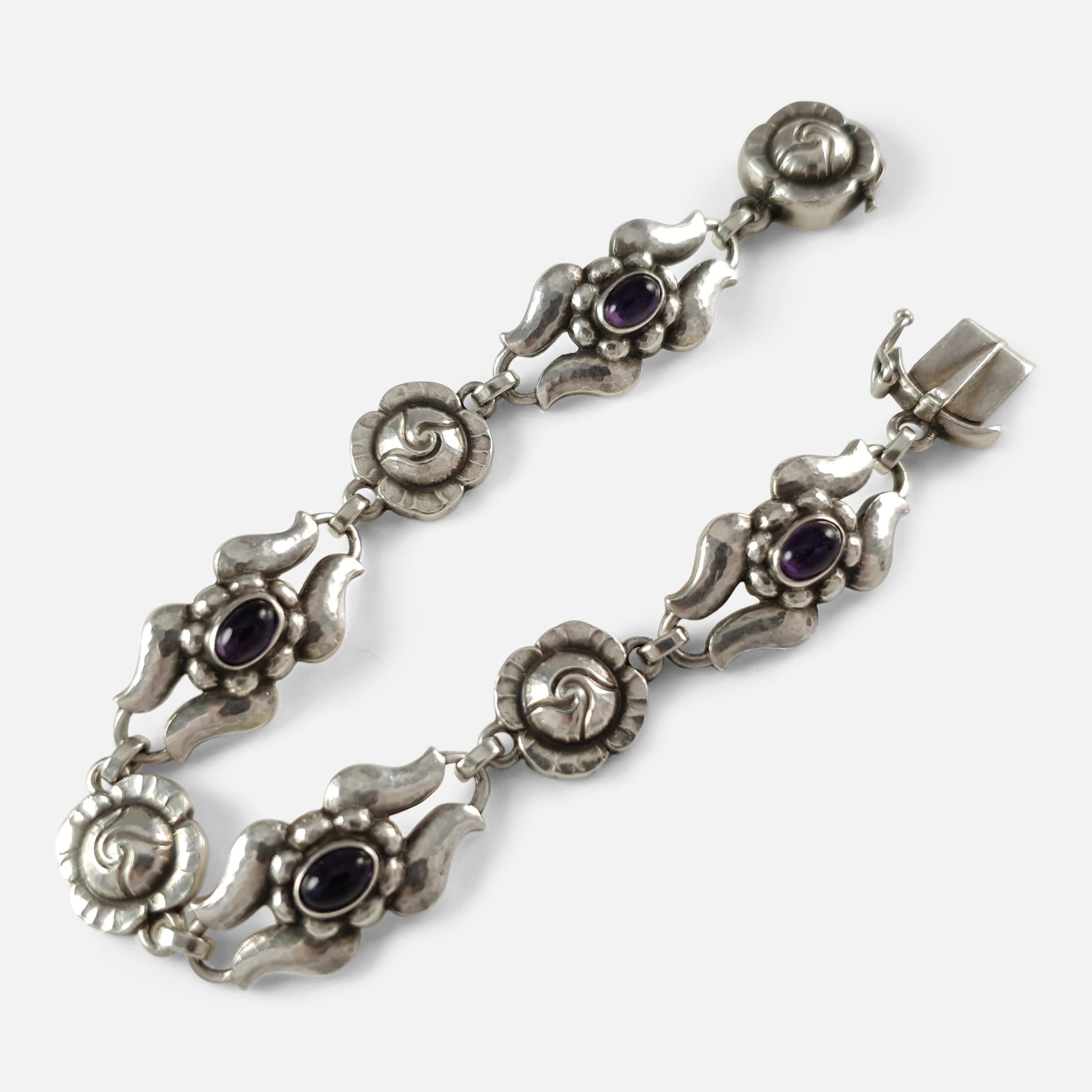 Cabochon Georg Jensen Silver Amethyst Foliate Bracelet, #18, circa 1933-1944  