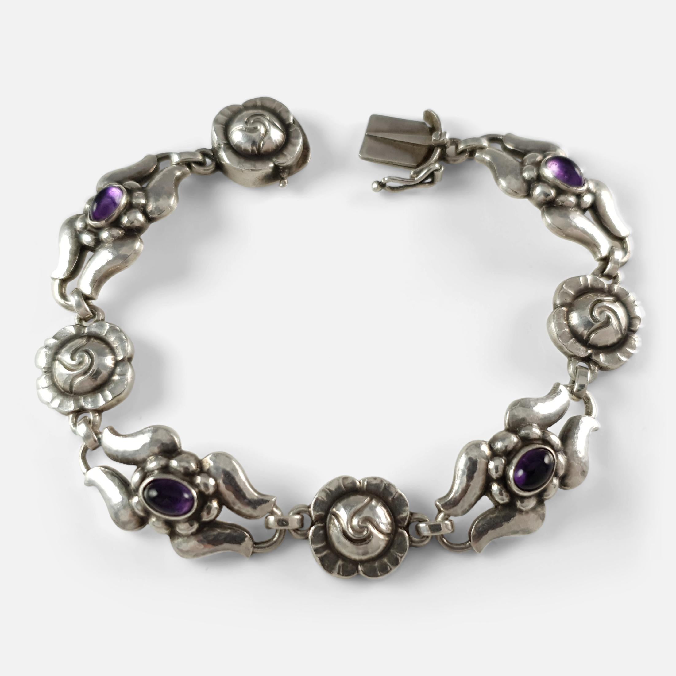 Women's Georg Jensen Silver Amethyst Foliate Bracelet, #18, circa 1933-1944  