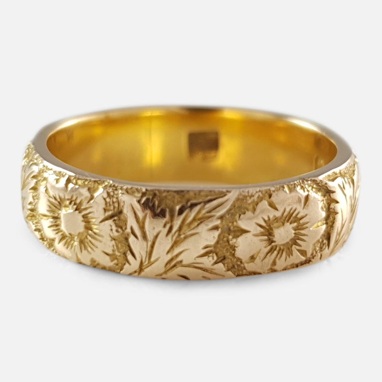 Victorian 18 Karat Yellow Gold Foliate Engraved Wedding Band Ring at 1stDibs