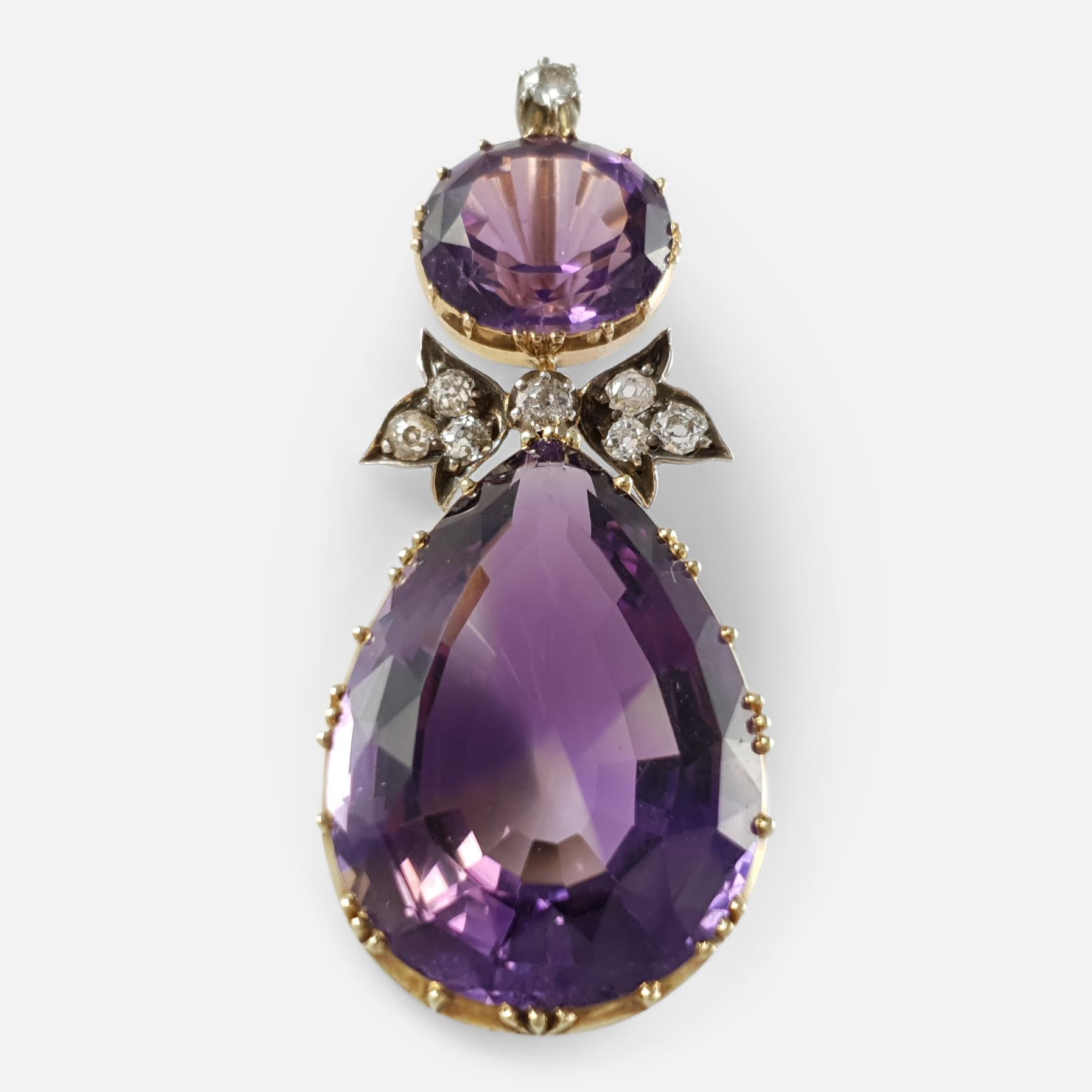 Victorian Yellow Gold, Silver, Amethyst and Diamond Drop Pendant In Good Condition In Glasgow, GB